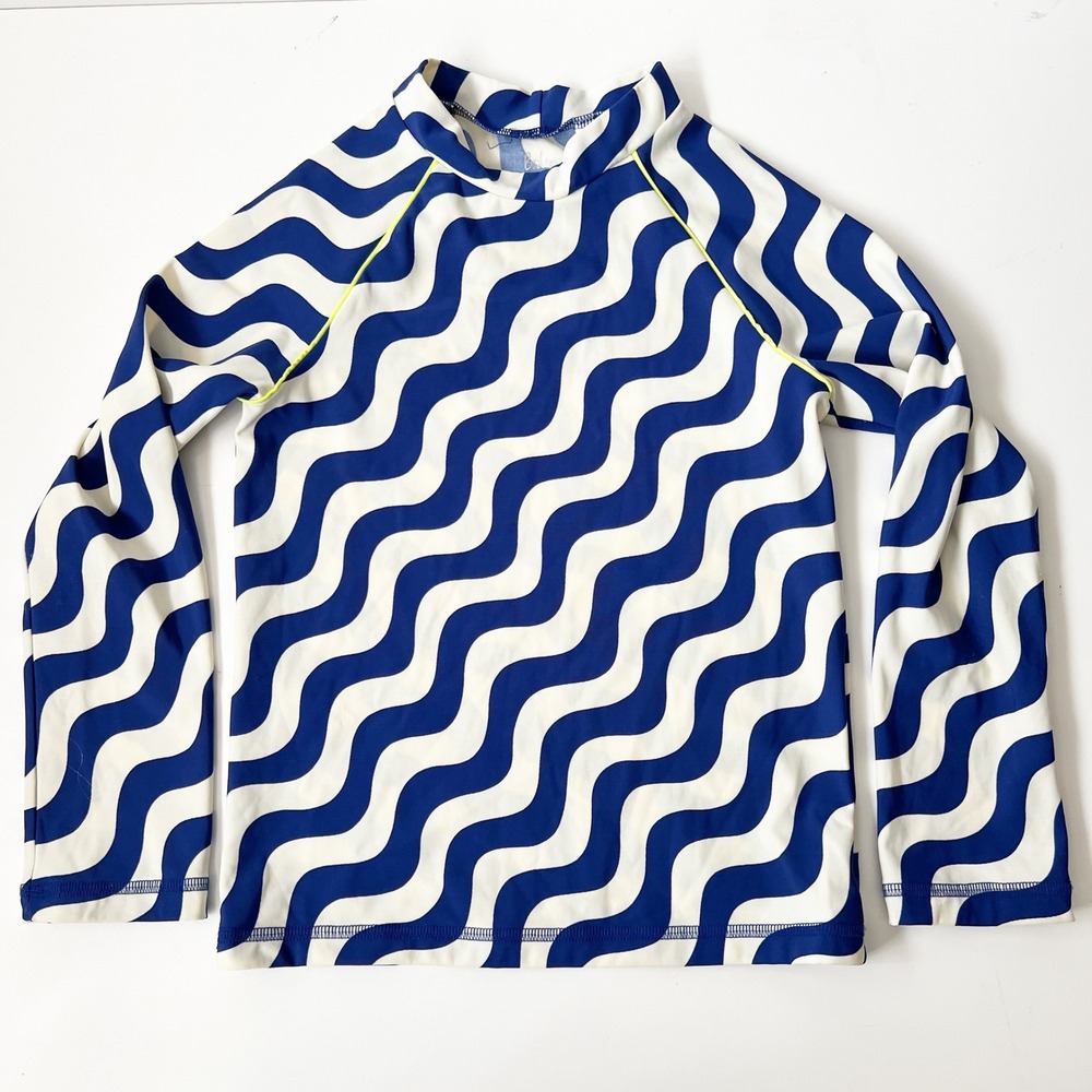 Mini Boden Rash Guard 8-9Y Blue Wavy Long Sleeve UPF 40+ Swim Shirt Top Kids